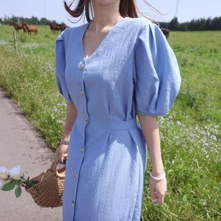 Puff-sleeve Cotton Midi Shirtdress