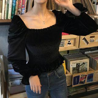 Long-sleeve Square Neck Plain Velvet Top