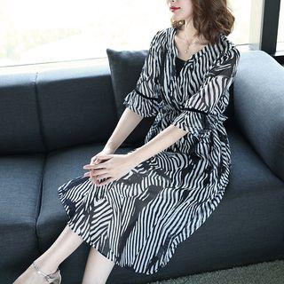Set: Striped Elbow-sleeve Dress + Plain Slipdress