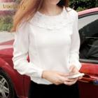 Flower Applique Elbow-sleeve / Long-sleeve Top