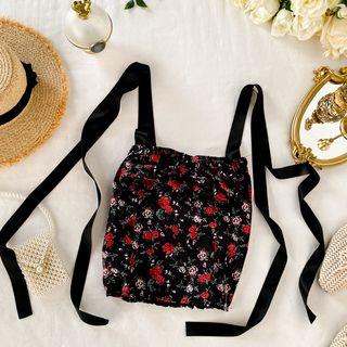 Spaghetti Strap Floral Print Top Black - One Size