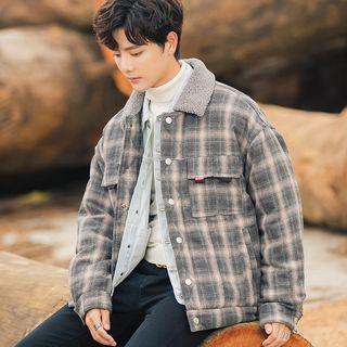 Fleece Collar Plaid Button Jacket