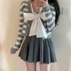 Striped Cardigan / Mini A-line Skirt / Ribbon Blouse