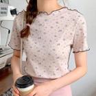 Floral Print Lettuce Edge Short-sleeve T-shirt