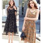 Set : Long-sleeve Mesh Top + Floral Print Spaghetti Strap Dress