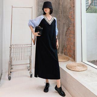 Raglan Elbow-sleeve Midi A-line Dress