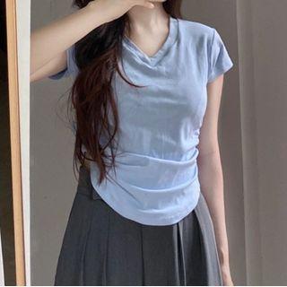 Cap-sleeve V-neck Scoop Hem Plain Top