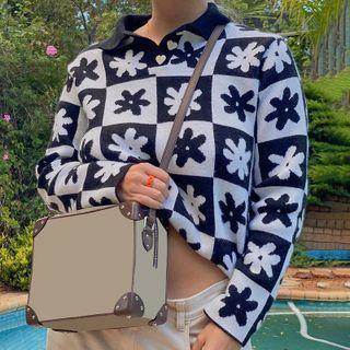 Long Sleeve Floral Print Plaid Collar Sweater