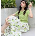 Plain Short-sleeve T-shirt / Avocado Print Tiered Skirt