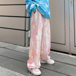 Drawstring Hem Lettering Tie-dyed Straight-cut Pants As Shown In Figure - One Size