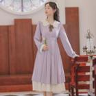 Long-sleeve Wide Collar Tiered Midi A-line Dress