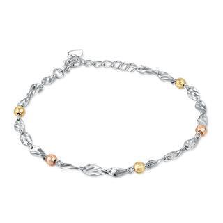 14k Tri-color, Rose, Yellow And White Gold Diamond Cut Bead And Twist Linked Bracelet, Women Jewelry Gift