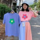 Short-sleeve Flower Print T-shirt / Maxi A-line Plaid Skirt