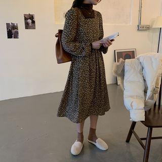 Mock-turtleneck Puff-sleeve Floral Print Midi A-line Dress