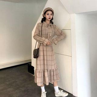 Plaid Long-sleeve Ruffle Hem A-line Midi Dress