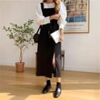 Set: Round-neck Puff-sleeve Blouse + Slit-side Suspender Dress