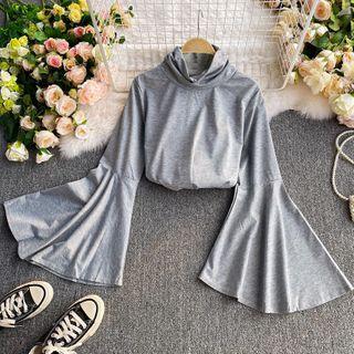 Bell-sleeve Slit-back Mock Neck Top