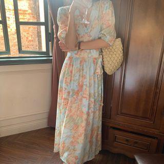 Elbow-sleeve Flower Print Midi A-line Dress Tangerine Floral - Blue - One Size