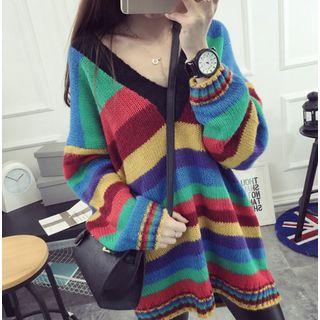 Color-block Striped V-neck Loose-fit Sweater