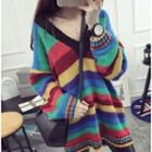 Color-block Striped V-neck Loose-fit Sweater