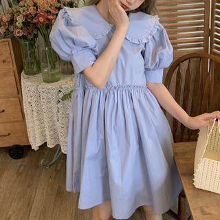 Peter Pan Collar Puff-sleeve Dress Blue - One Size