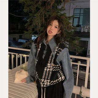 Plaid Knit Panel Denim Jacket Blue & Black - One Size