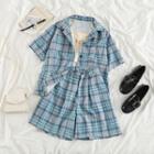 Short-sleeve Plaid Blazer / A-line Skirt / Floral Print Camisole Top