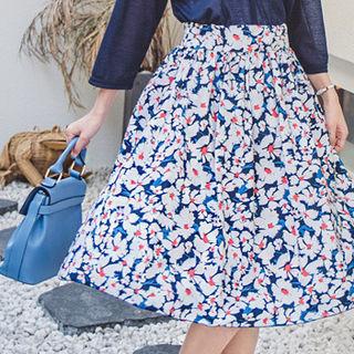 Zip-back Floral Print Midi Skirt