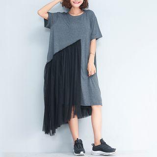 Mock Two-piece Short-sleeve Mesh Panel Dress