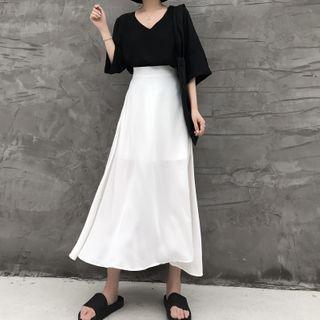 Set: 3/4-sleeve V-neck Top + A-line Midi Skirt