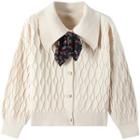 Cable Knit Cardigan With Floral Neckerchief