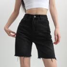 Frayed High-waist Straight-cut Denim Shorts