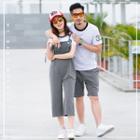 Couple Matching Lettering Short-sleeve T-shirt / Striped Shorts / Striped Jumper Pants
