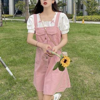 Puff-sleeve Scalloped Collar Top / Buttoned Mini Pinafore Dress
