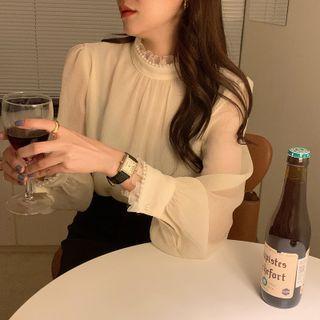 Long-sleeve Mock-neck Faux Pearl Trim Chiffon Blouse Almond - One Size
