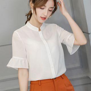 Ruffled-cuff Plain Shirt