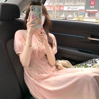 Puff-sleeve Collar Lace Trim Midi A-line Dress