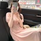 Puff-sleeve Collar Lace Trim Midi A-line Dress