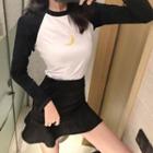 Long-sleeve Moon Embroidered T-shirt / Mini A-line Skirt