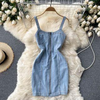 Open-back Zip Suspender Denim Dress