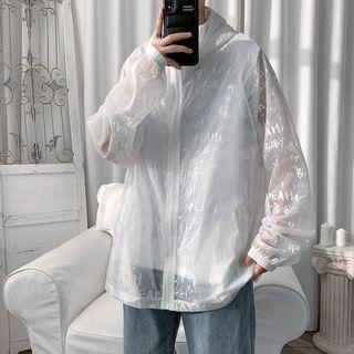 Lettering Print Sheer Hooded Zip Jacket