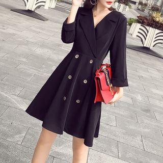 Double-breasted V-neck Elbow-sleeve Dress