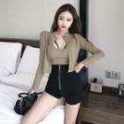 High-waist Zip Shorts / Set: Buttoned Crop Jacket + Cami Top