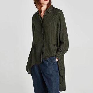 Long-sleeved Gingham Open-front Blouse