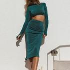 Set: Plain Long-sleeve Mock-neck Cropped Top + Plain High-waist Skirt