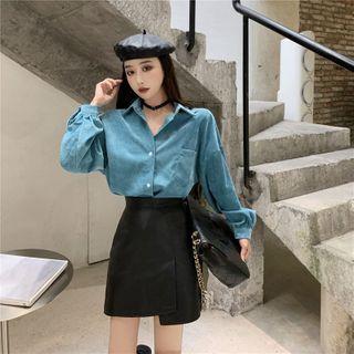 Long-sleeve Velvet Shirt / Mini A-line Skirt