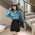 Long-sleeve Velvet Shirt / Mini A-line Skirt