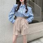 Padded-shoulder Two-tone Striped Shirt / High Waist Linen Shorts