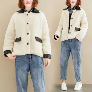 Contrast Trim Fleece Shirt Jacket White - One Size