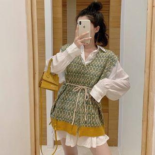 Long-sleeve Plain Shirt / Sleeveless Tweed Vest